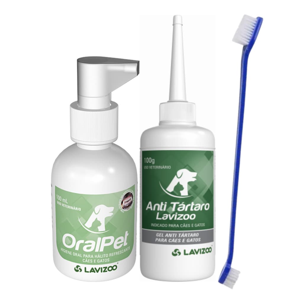 Kit Anti Tártaro Lavizoo + OralPet Spray + Escova de Dentes = Higiene Bucal Completa para Cães e Gatos.