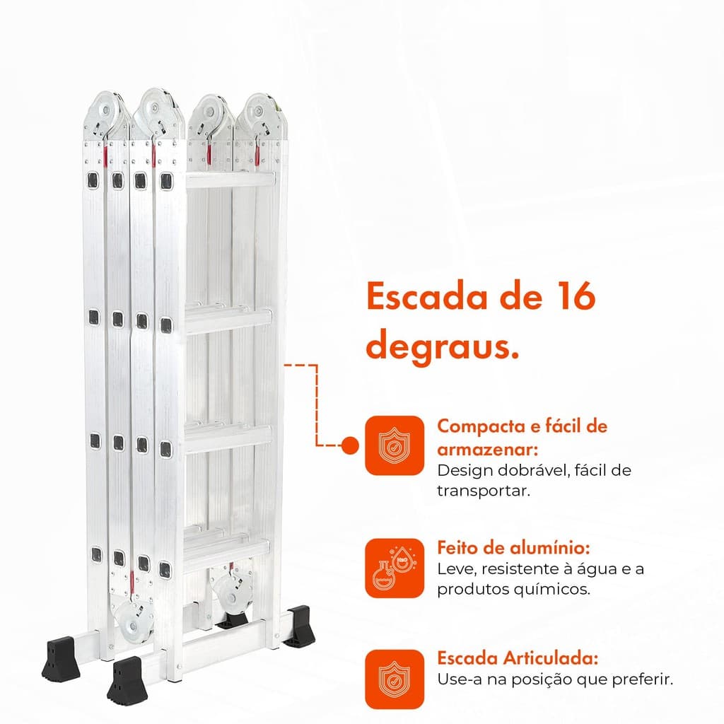 Escada Articulada 4x4 de Alumínio Multifuncional 16 Degraus e Altura de 4,24 Metros