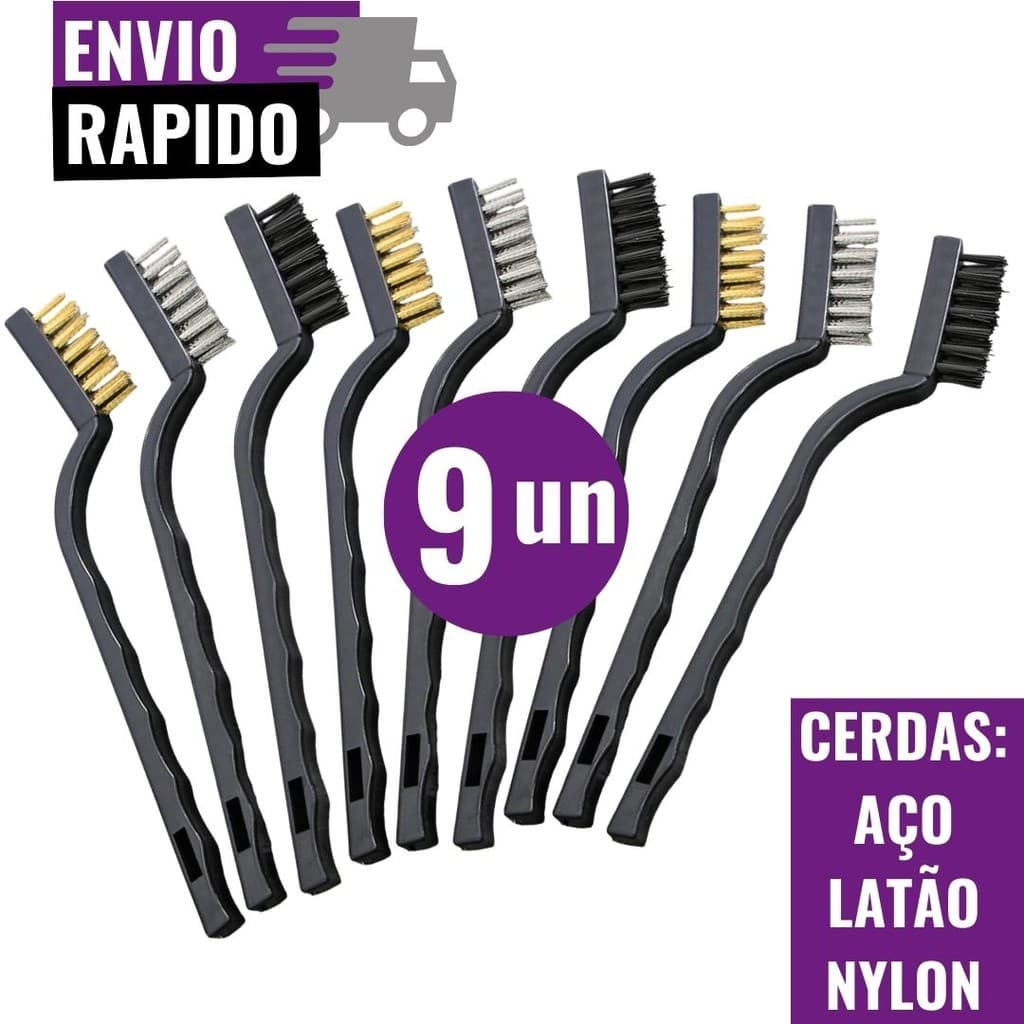 Kit 9 Escova Multiuso Cerdas Aço Nylon Latão Limpeza Pesada Ferrugem Grelha Oficina