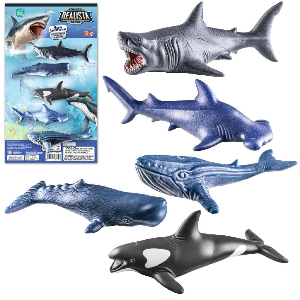 Kit Com 5 Mini Animais Aquáticos Tubarão e Baleia Realista Brinquedo em Vinil Macio e Texturizado