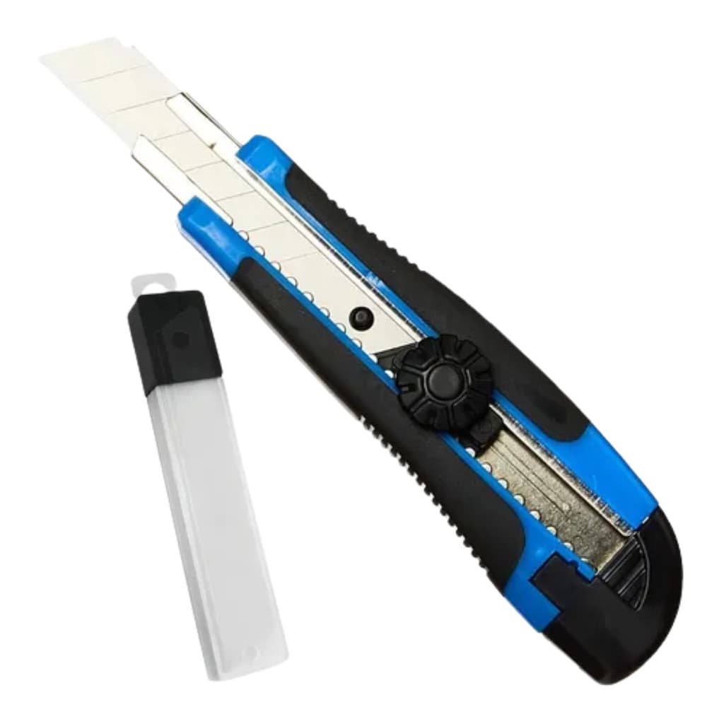 Kit Estilete Retrátil18mm com cabo Emborrachado  + estojo 10 laminas