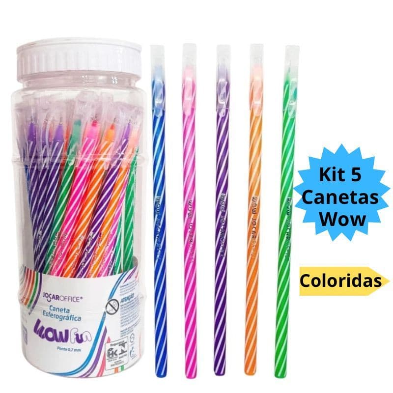 Kit 5 Canetas Esferográficas Wow 0.7mm Coloridas Branco Escolar Infantil Leo&Leo