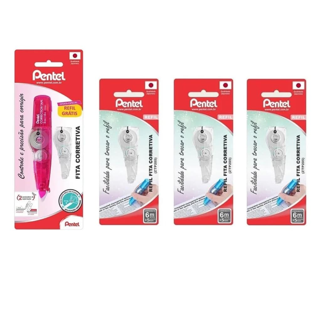 Fita Corretiva Pentel Rosa e 4 Refis