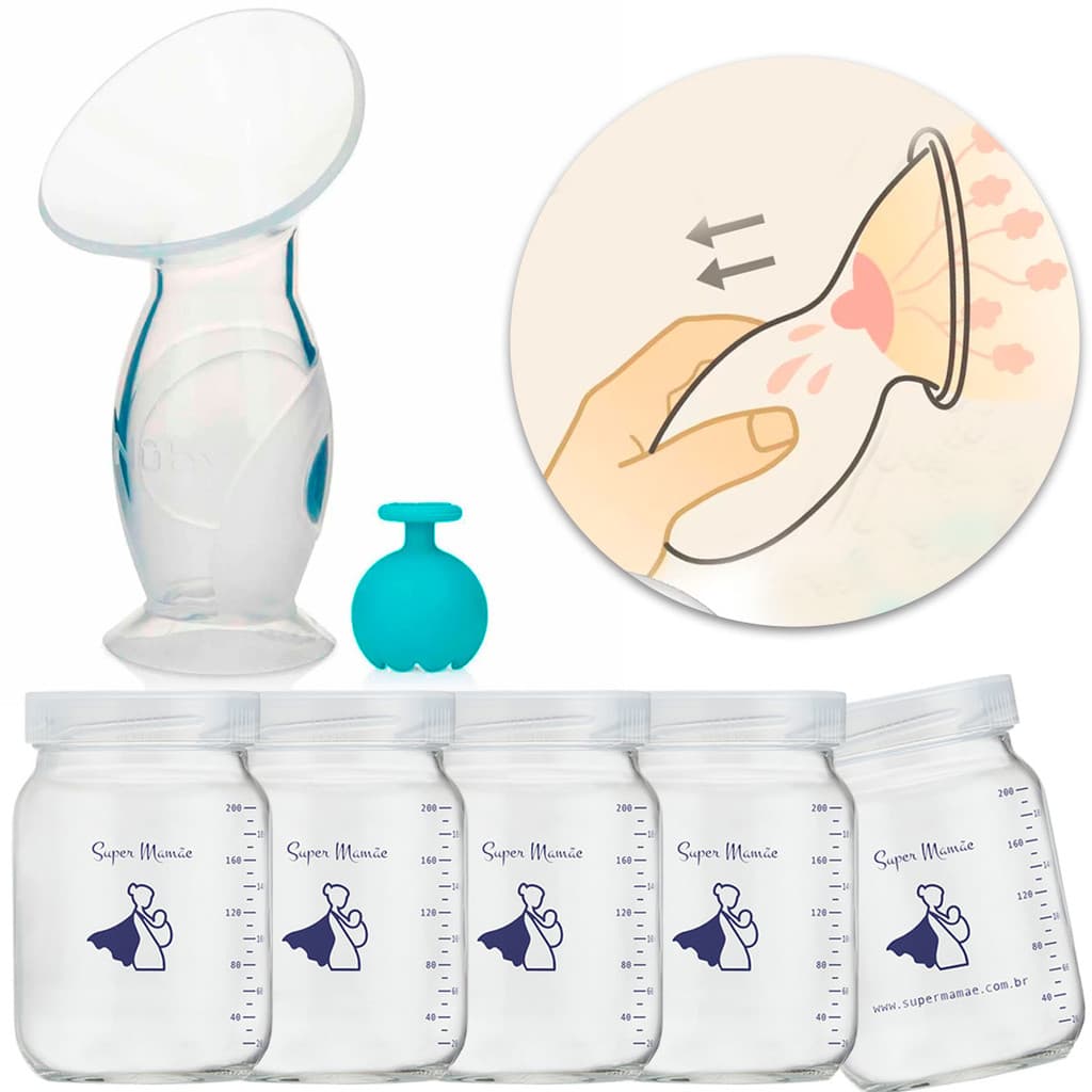 Coletor Leite Materno de Silicone + 5 Potes de Vidro para Armazenar leite materno 200ml Super Mamãe
