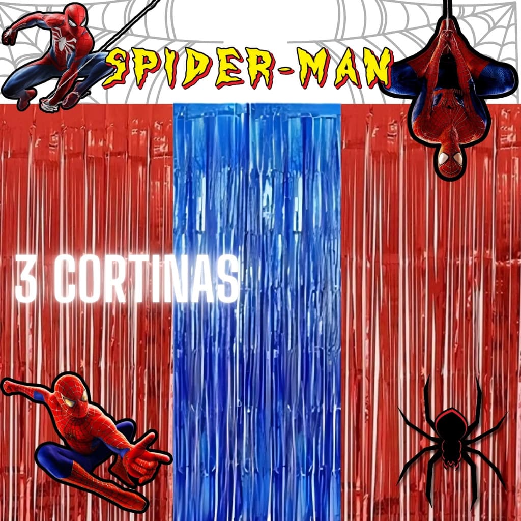 kit 3 Cortina Metalizada Homem Aranha Spider Man Decoração Festa Aniversário Banner Comemoração