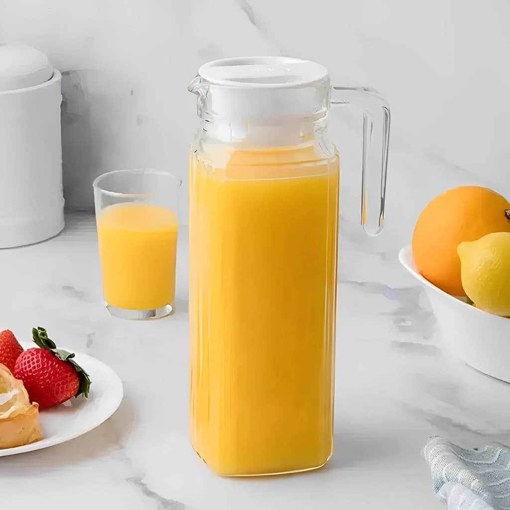 Jarra De Vidro Suíça Transparente Com Tampa e Alça Suco Água 1 Litro JR
