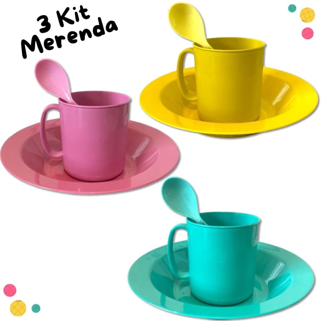 3 Kit Prato caneca colher resistente micro fundo rosa amarelo verde refeição infantil escola cozinha