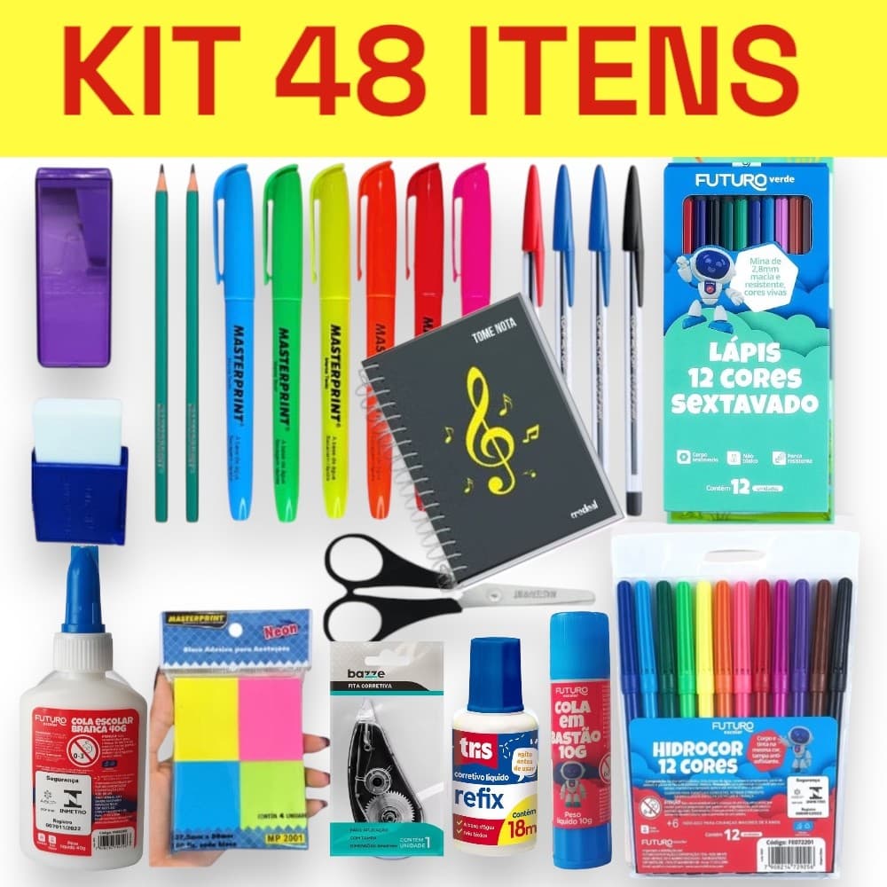 kit 48 Itens Material Escolar fundamental médio Básico universitário caneta lápis marca texto borracha corretivo papelar