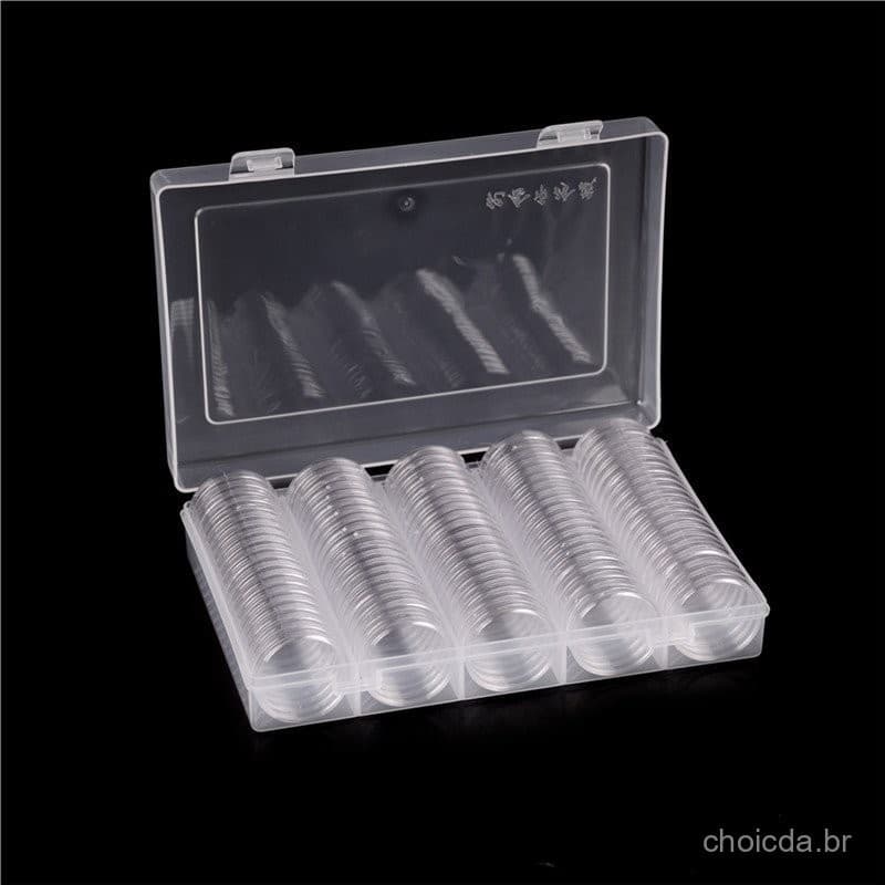 [Caixa de Armazenamento Redonda 100pcs Cápsulas Transparentes para Moedas 27mm