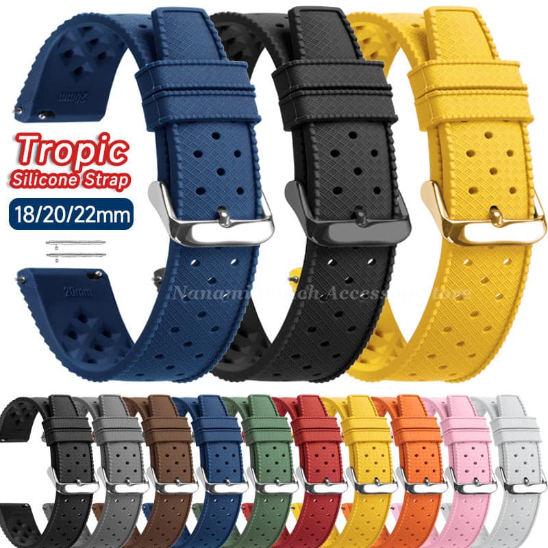 18mm 20mm 22mm Tropic Silicone Pulseira De Relógio De Liberação Rápida Soft Borracha Respirável À Prova D'água Faixa Mas
