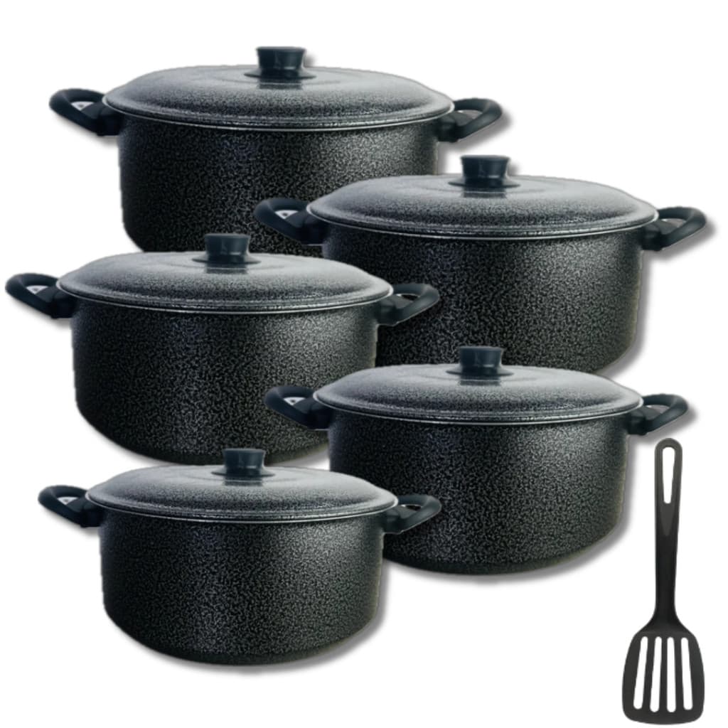 Jogo de  Caçarolas Panelas 5 peças em Alumínio Grosso na Cor PRETO CRAQUEADO, 1 ESPÁTULA