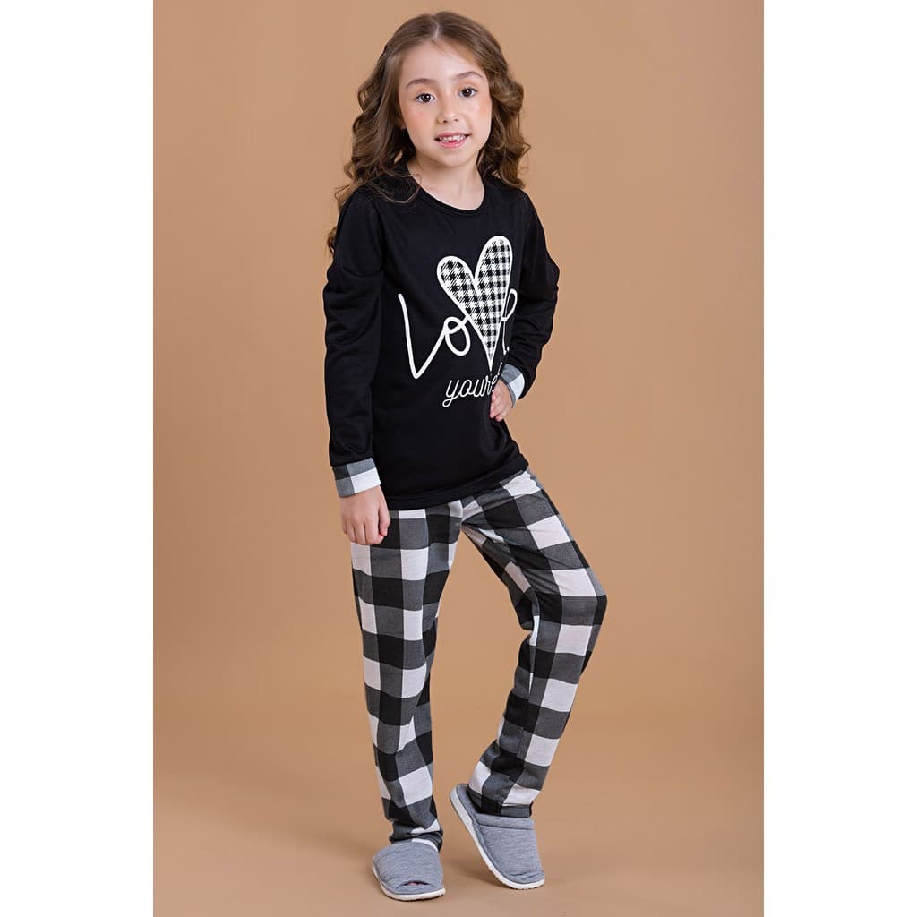 Pijama Longo Feminino Inverno Infantil Calça - Love Xadrez Preto