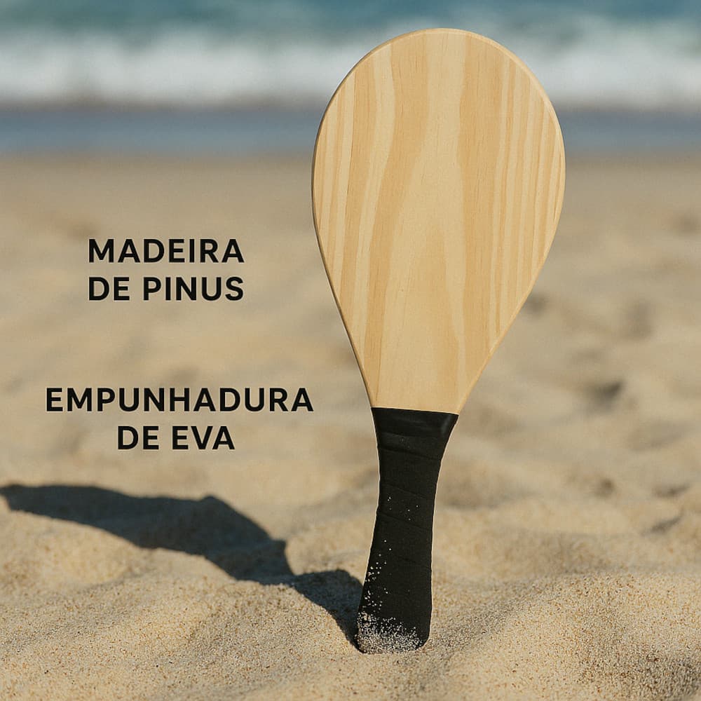 Kit 2 Raquete Madeira Frescobol Praia e 2 Bolas Borracha