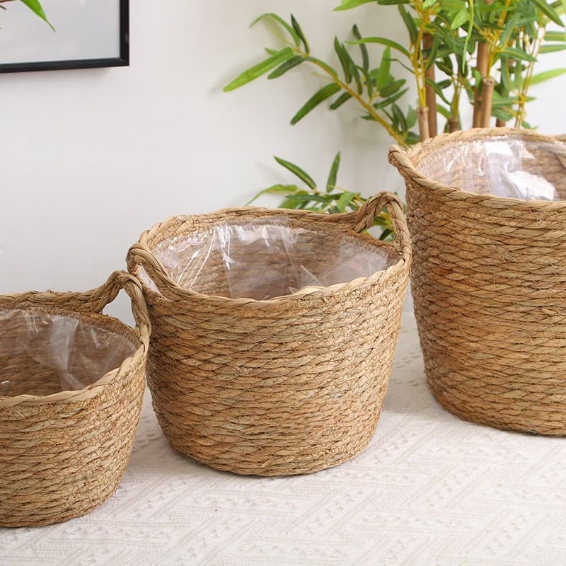 Cesta De Palha Tecido Planta Pote Plantas Interior Desktop Vasos De Decorativo Flor Forro Cestas De Armazenamento