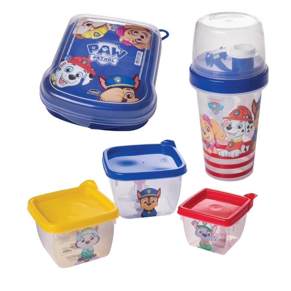 Kit Lancheira Patrulha Canina 5 Peças 3 Potes 1 Garrafa Mini Shakeira 1 Sanduicheira Plasútil