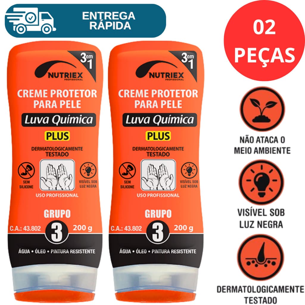 Kit 2 Creme De Proteção Luva Química Grupo 3 Nutriex Camada Mãos Pele Água Óleo Pintura G3 Plus