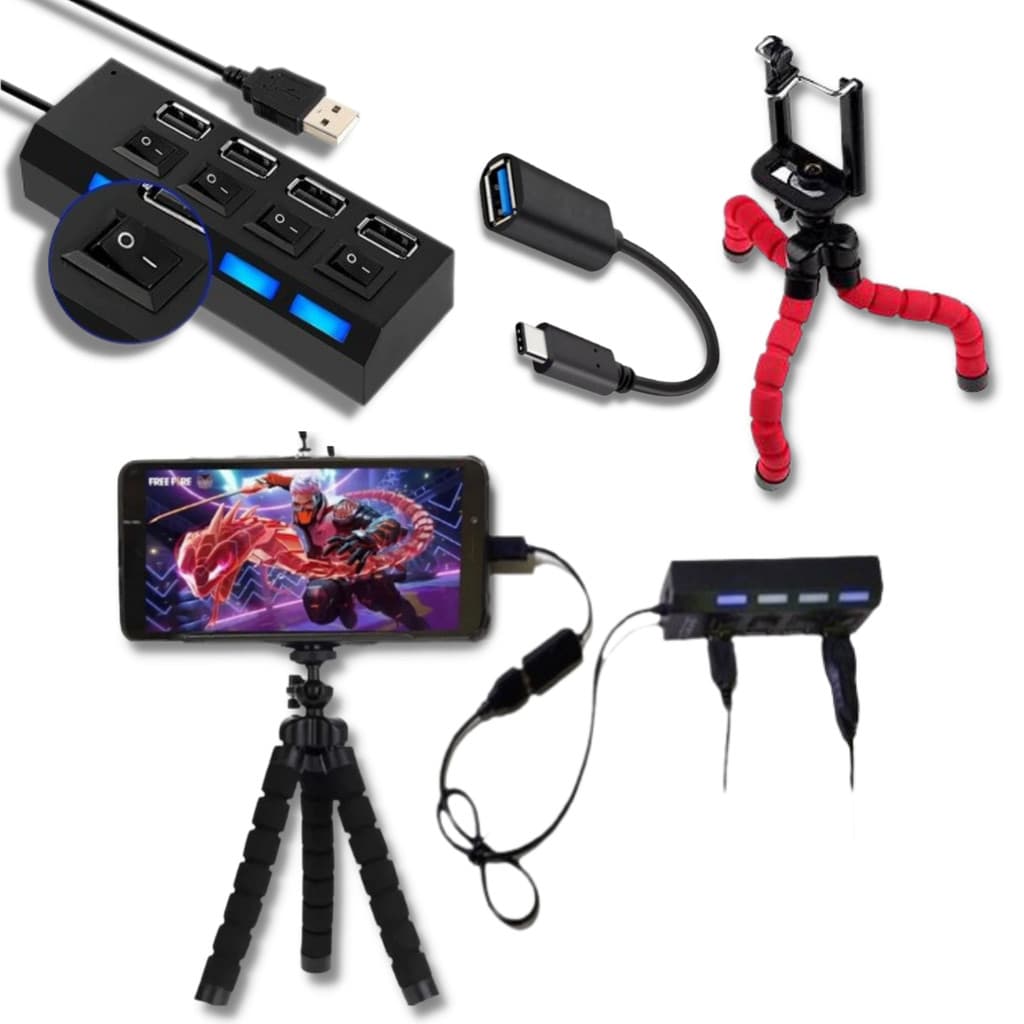 Kit Hub 4 Portas Mobilador Ultra Rápido + Adaptador Tipo-c/Micro Usb+ Suporte Tripé Para Celular Flexivel