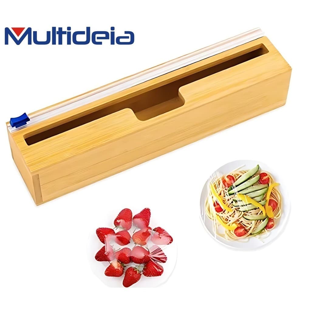 Porta Rolo Organizador Bambu Papel Aluminio Filme PVC Cortador Dispenser Cozinha