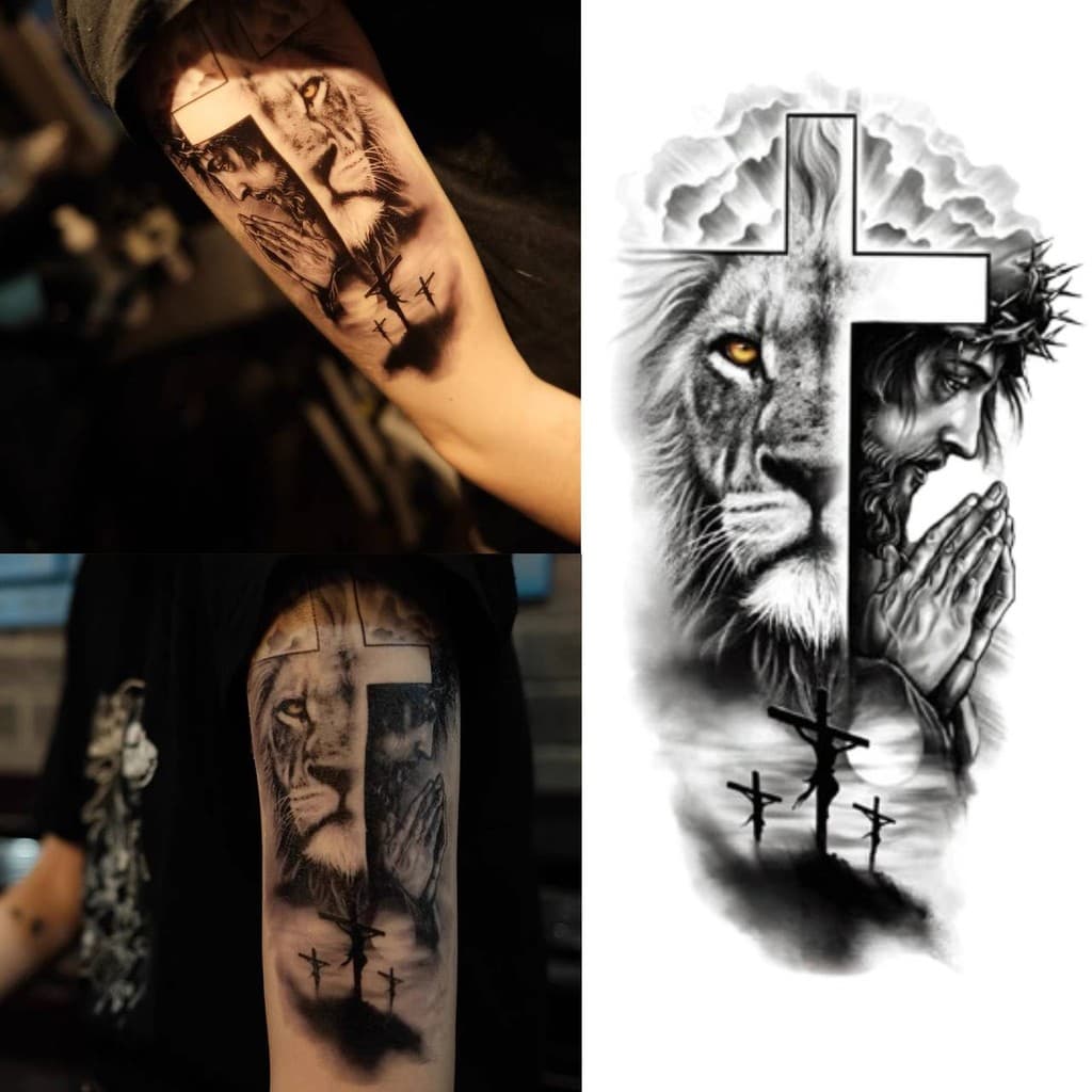 tatuagem temporária de leão realista, tatuagem masculina adulta, arte corporal falsa à prova d'água