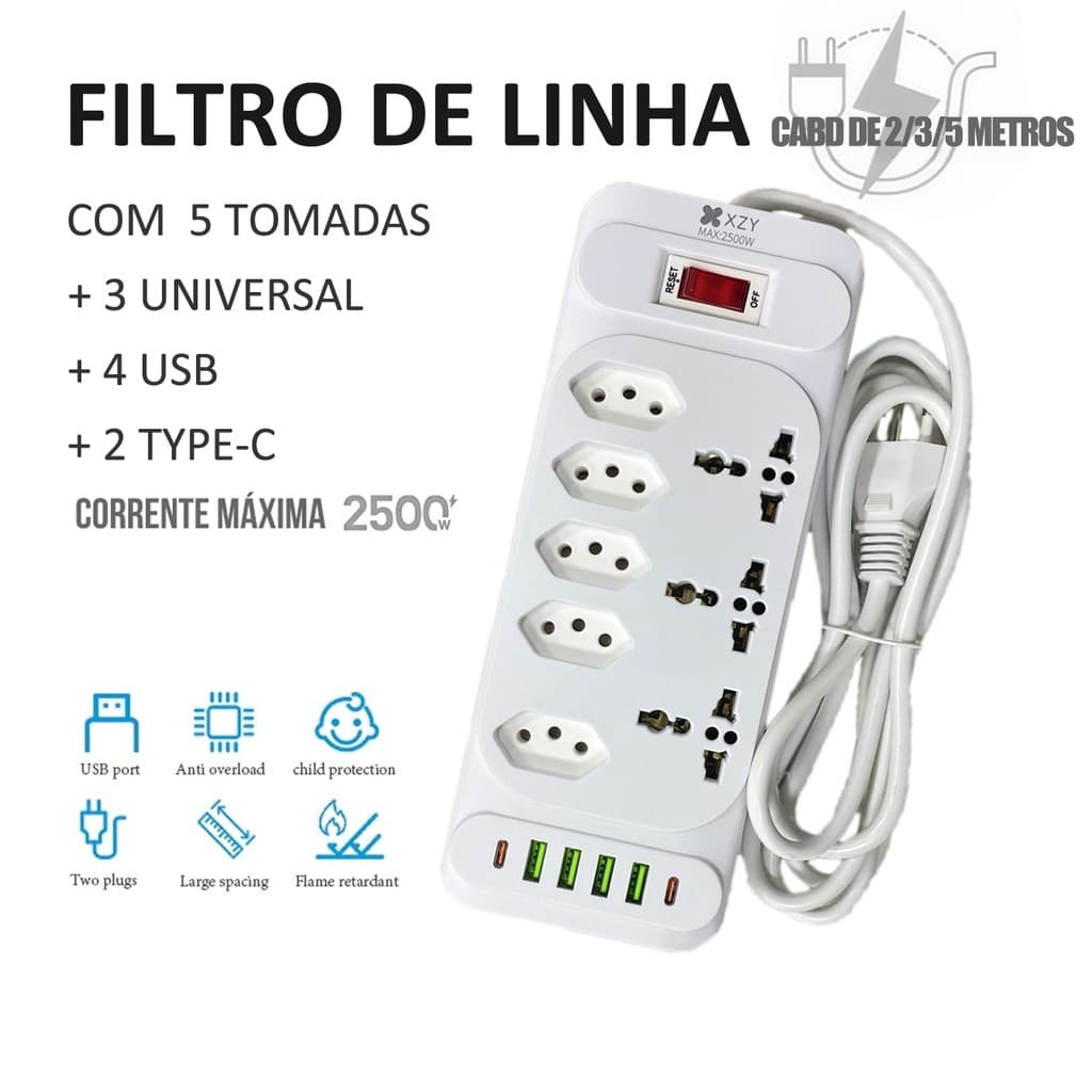 Régua Filtro de Linha com 8 Tomadas Extensão Elétrica 3 Universal 4 U 2 Type c 10A 110V/220V 2/3/5M