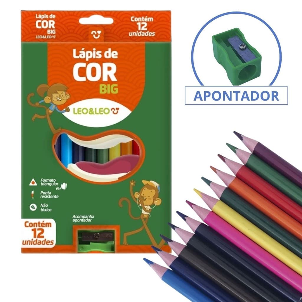 Lapis De Cor Big Jumbo 12 Cores Com Apontador Escolar Volta As Aulas Caixa Com 12 Lapis Leo&leo