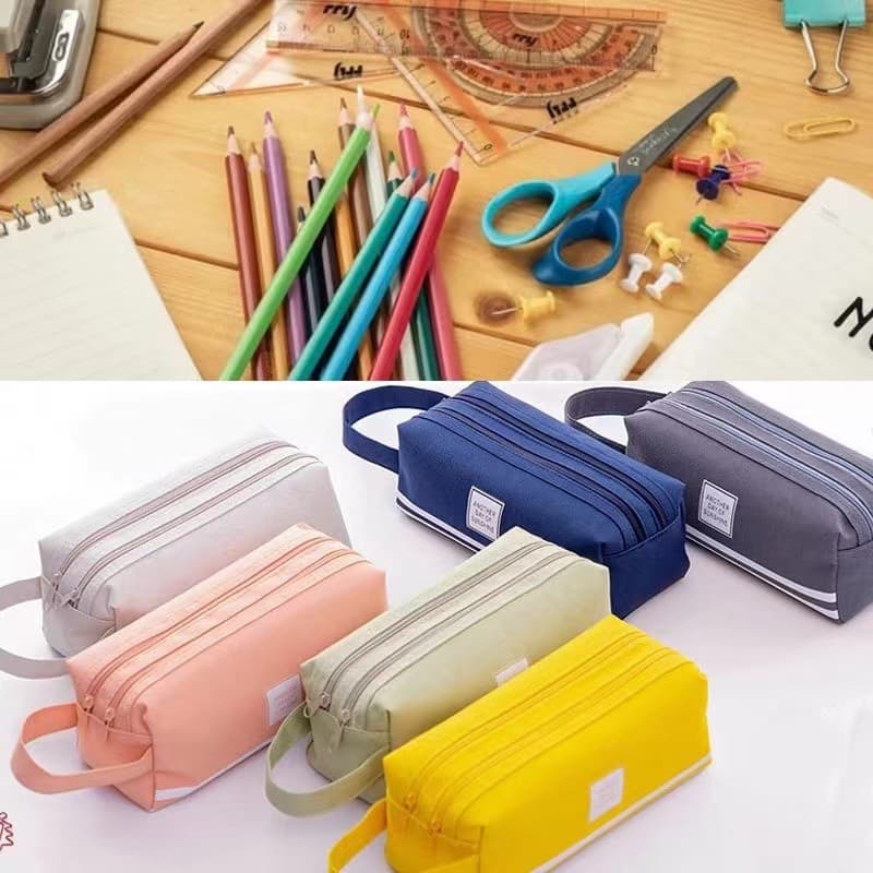 Estojo de lápis portátil de lona de papelaria de camada dupla