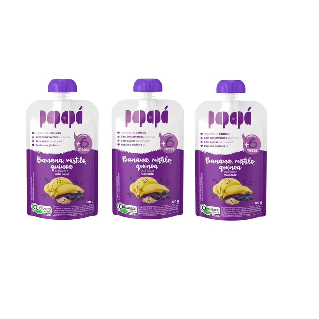 Kit 3x Papinha Orgânica Banana, Mirtilo E Quinoa 100g Papapá