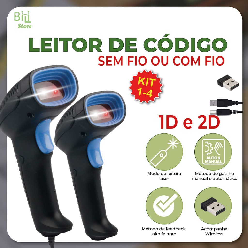 Leitor Código De Barras Scanner Portátil Laser Com Fio ou Sem Fio USB 1D/2D Leitor de Qr Code e Código de Barras