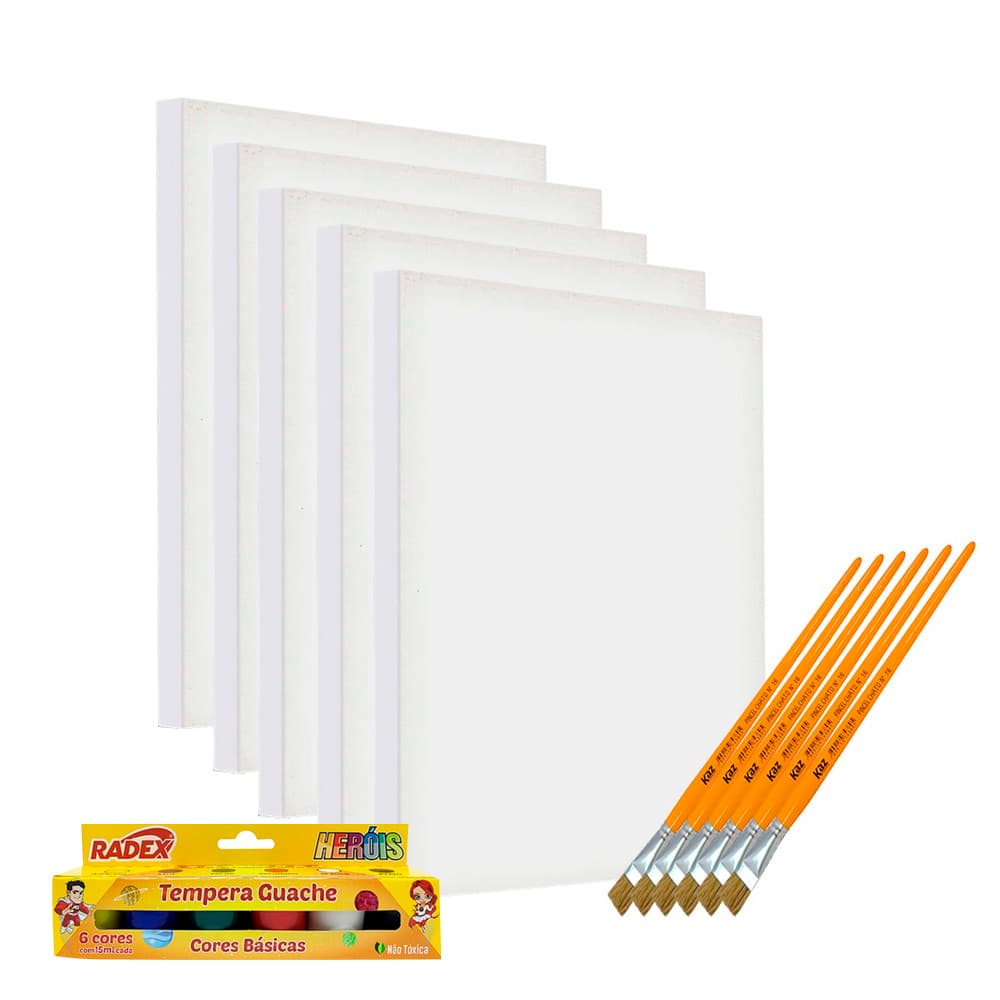 Kit Com 05 Telas Para Pintura 20x30cm + 12 Tintas e 5x Pincel - Uso Profissional e Artístico