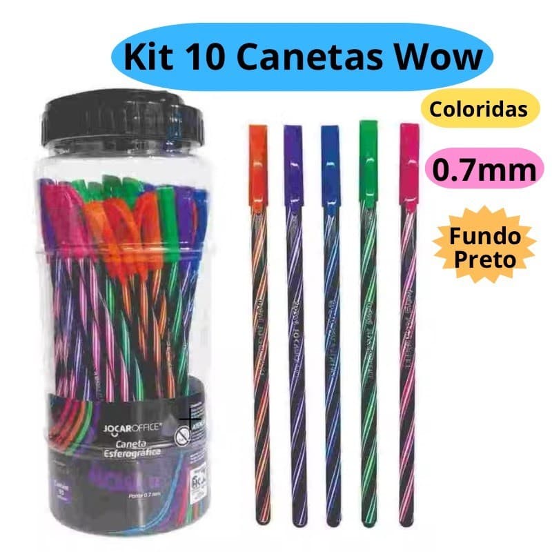 Kit 10 Canetas Esferográficas Wow Fundo Escuro 0.7mm Coloridas Branco Escolar Escritório Leo&Leo