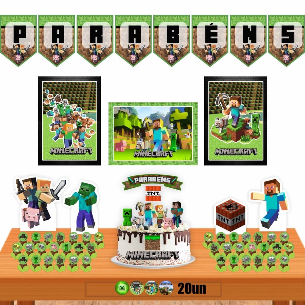 Kit Festa Minecraft Só Um Bolinho  Aniversário Infantil com Envio Rápido Parabéns