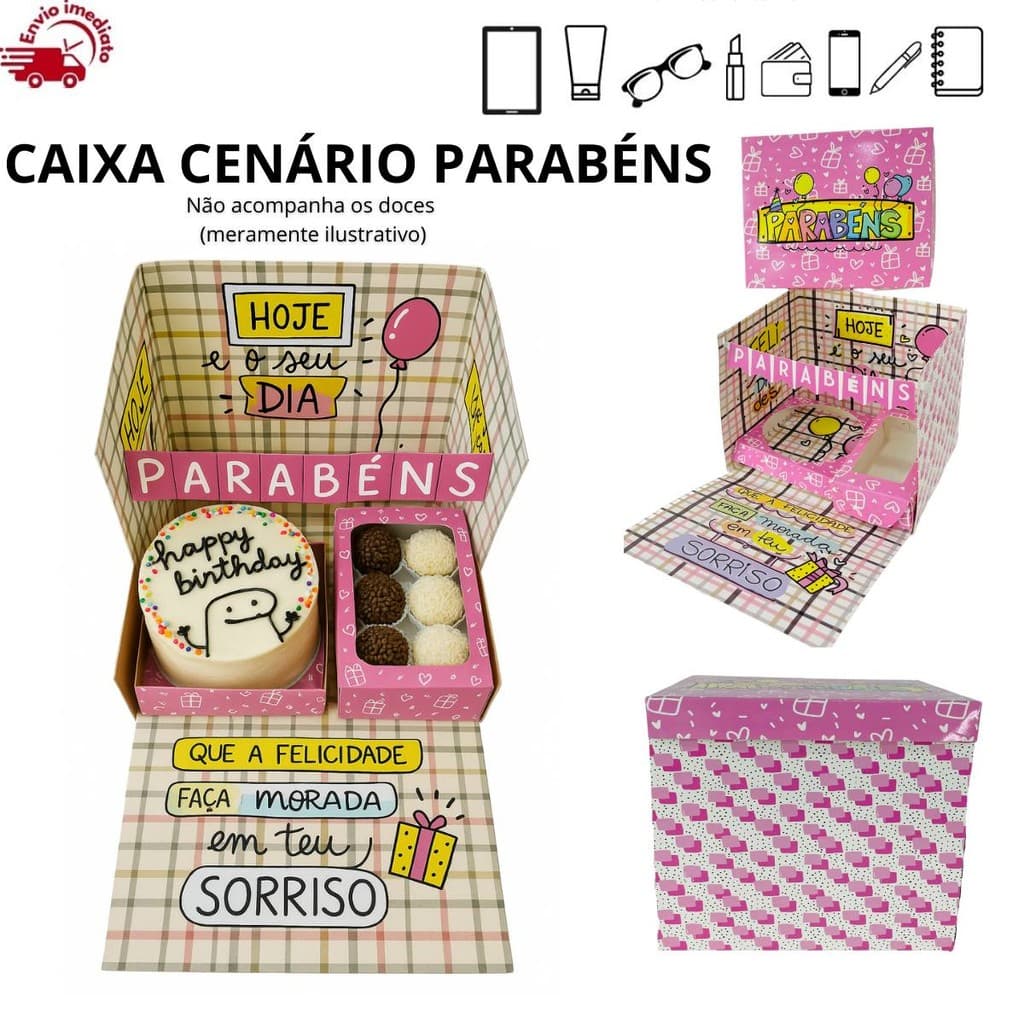 Kit 10 Caixa Cenario Parabens Surpresa Presente Criativo para Bento Cake Aniversario Festa Azul Rosa