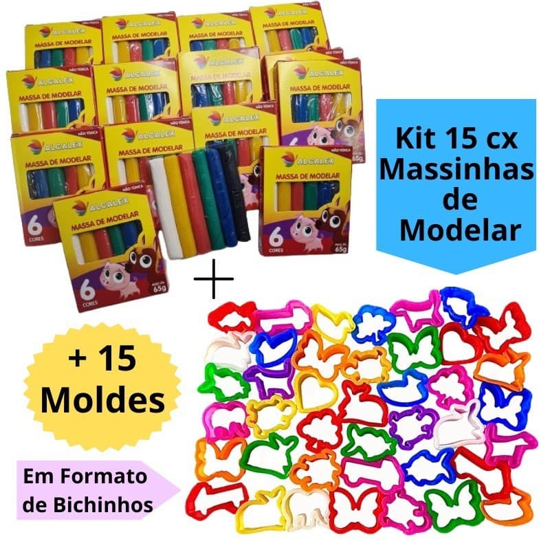 Kit 15 Cx Massinha de Modelar + 15 Cortador Molde Kit Festa Infantil Lembrancinha Escolar