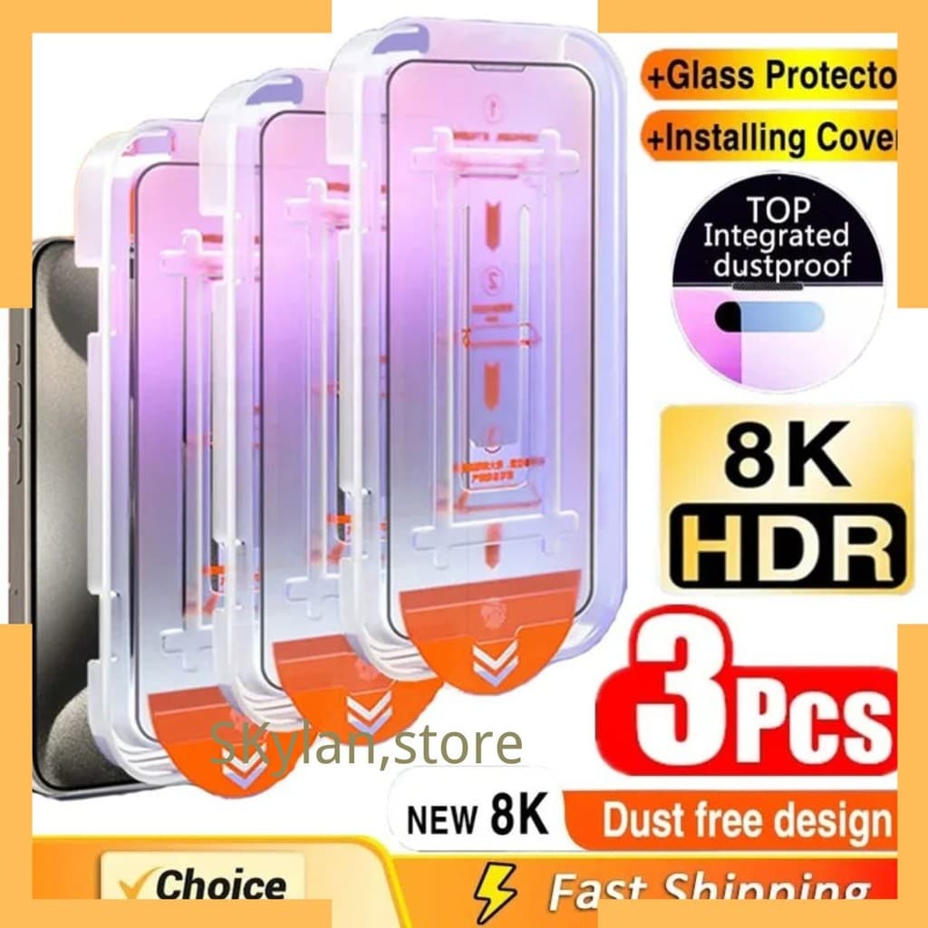 Protetor de Tela com montagem fácil instalação de vidro 3D para iPhone 13,11,12,14,16 17 Pro Max,XR,16E,15Plus, air 3pcs