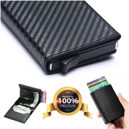 Carteira Ejetora Automática Slim Fibra De Carbono couro Anti Furto Proteção Cartões