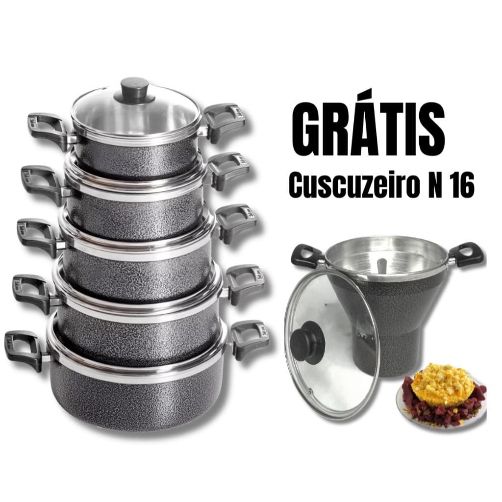 JOGO DE PANELA 6 PEÇAS TAMPA DE VIDRO COM CUSCUZEIRO