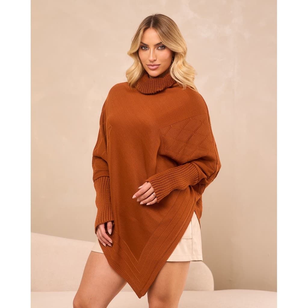 Poncho Triangulo Gola Alta Tricot Inverno