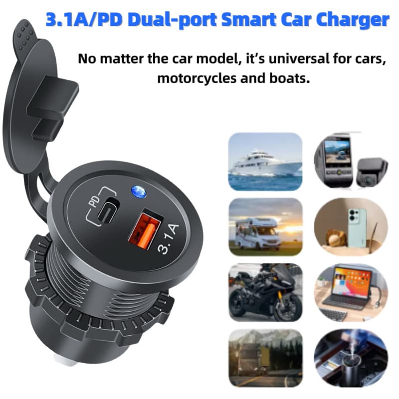 Novo PD 3.1A USB Carregamento Rápido Carregador De Carro Adaptador Tomada Energia 12V/24V Motores Gerais Motocicleta Mar