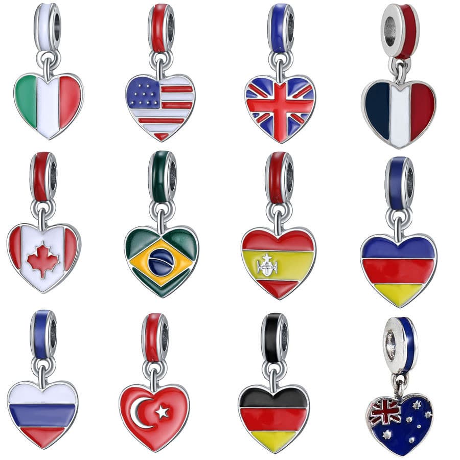 Pulseira com encanto da bandeira nacional Colar de prata 925 Homemade DIY Heart World Cup Charm Charms
