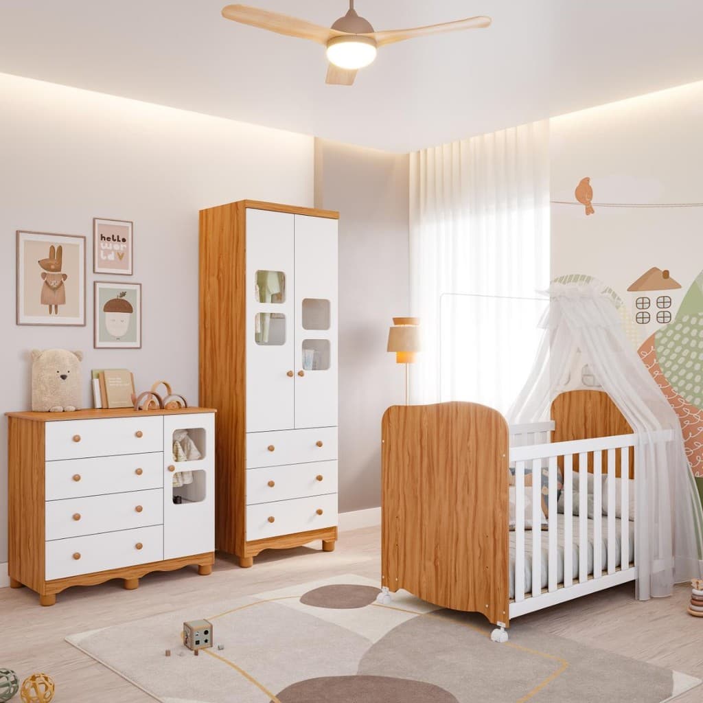 Quarto de Bebê Completo Berço Americano Uli Guarda Roupa Uli 2 Portas Cômoda Uli 100%MDF