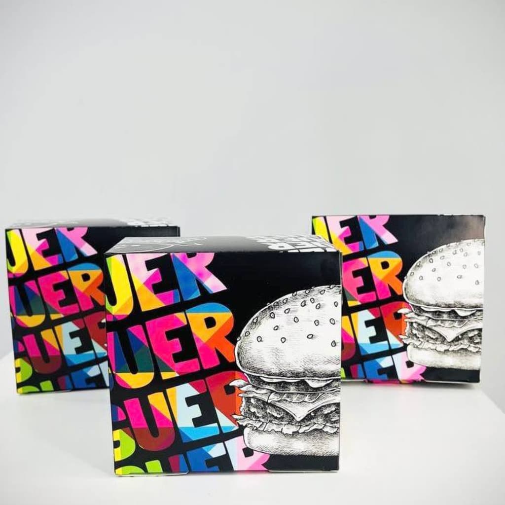 100 Caixa Box para Hambúrguer Artesanal Embalagem Resistente Colorida e Criativa Triplex 250g