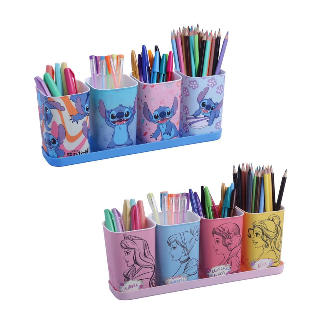 Conjunto Porta Caneta Lápis com Bandeja Princesas OU Stitch Organizador de Mesa 5 Peças Plasútil