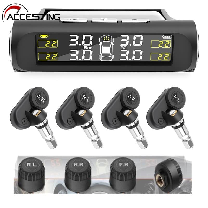 TPMS Sem Fio HD Carga Solar Sistema De Monitoramento De Alarme De Pressão De Pneus De Carro Display Liga Com Vibração 4 