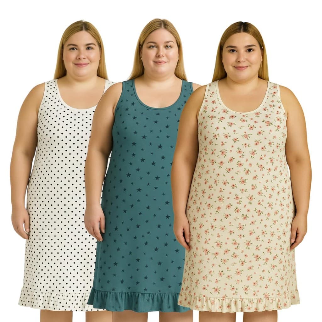 Kit 3 Camisola Regata Estampada Sem Manga de Malha Até o Plus Size Senhora Estampa Sortida