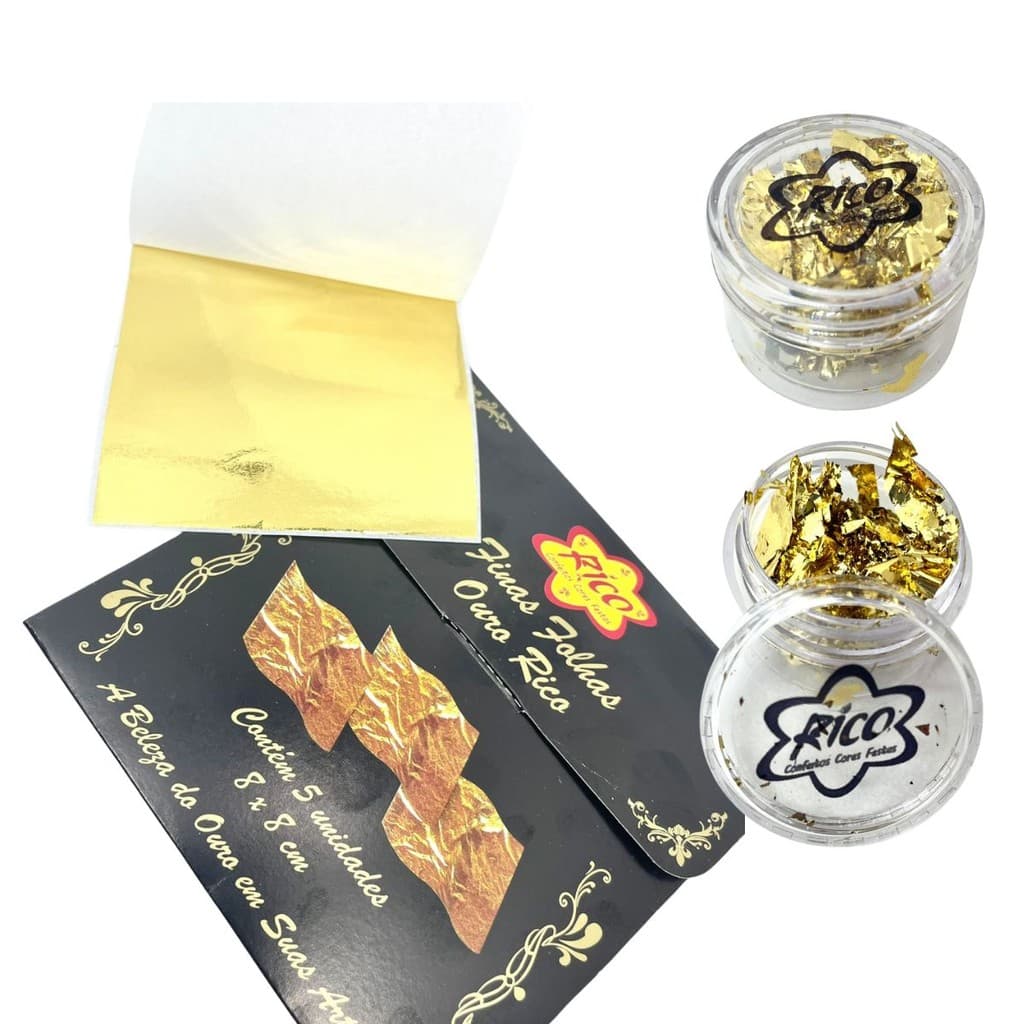 Folha de Ouro Comestível – Cartela 8x8cm ou Granulada Floco de Ouro para Bolos Doces e Confeitaria