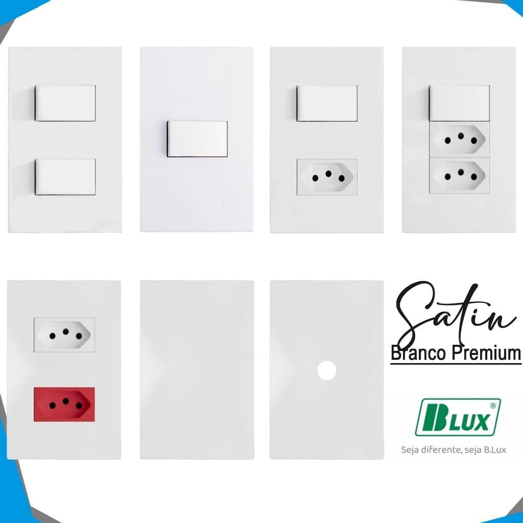 Conjunto Tomada Recta Satin Branco Fosco Blux 4x2 Tomada 10a 20a Interruptor Simples e Paralelo
