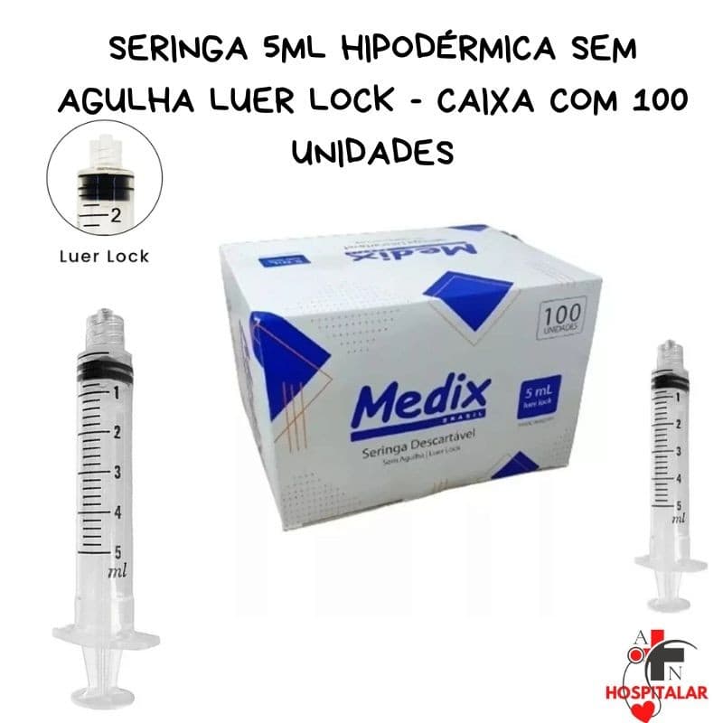 Seringa 5ml Hipodérmica sem Agulha Luer Lock - Caixa com 100 unidades