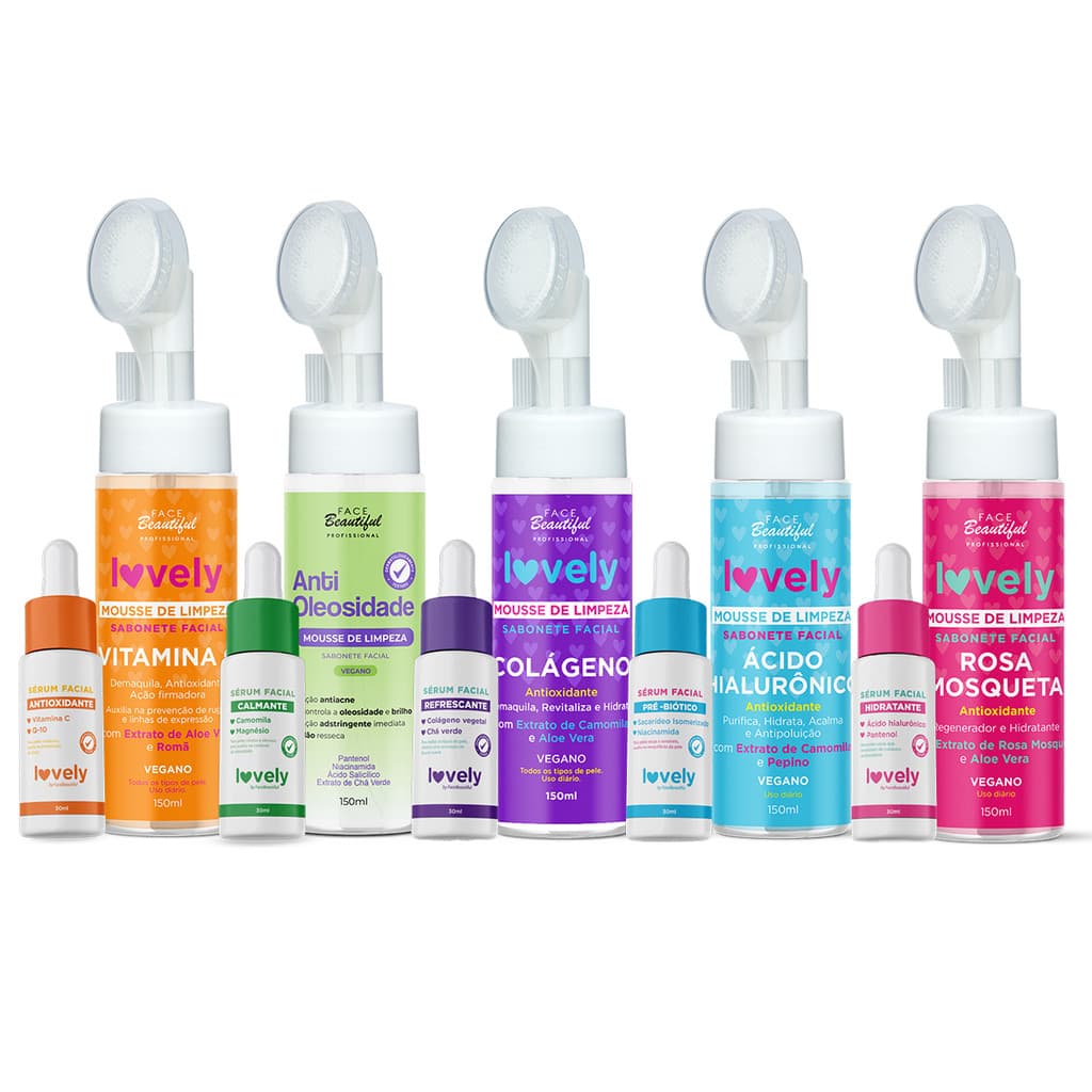 Kit Brilho e Limpeza De Rosto Mousse Facial e  Sérum Face Beautiful  Lovely 150ml