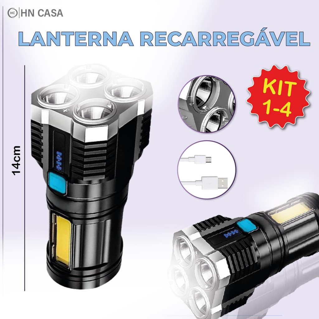 Super Lanterna Led Portátil Recarregável USB Resistente a água com Luz lateral c/ 4 LEDS
