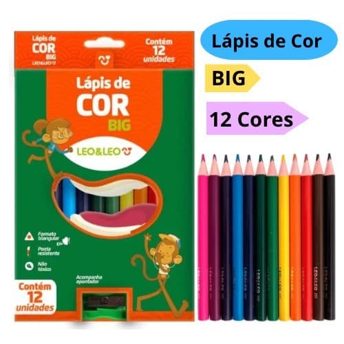 Lápis de Cor 12 Cores Big Jumbo 15cm Grande Com Apontador Triangular Leo&Leo